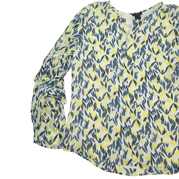 Ann Taylor Factory Floral Pullover Top Womens Size S Flutter Sleeves Yellow Blue - Picture 6 of 10